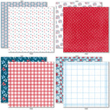 Stars and Stripes 6x6 Double-Sided Paper Pack, 6x6 double-sided paper pack paper patterns 25 through 32 preview, showing 6x6 scrapbook paper for handmade cards, mini albums, junk journals, paper layering, small-scale layouts, and coordinated paper crafts. Buyer theme: 6x6 Patriotic Paper for Cards & Mini Albums. Stars and Stripes 6x6 double-sided scrapbook paper with scaled fireworks, stars, flowers, berries, gingham, dots and striped patterns