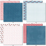 Stars and Stripes 6x6 Double-Sided Paper Pack, 6x6 double-sided paper pack paper patterns 9 through 16 preview, showing 6x6 scrapbook paper for handmade cards, mini albums, junk journals, paper layering, small-scale layouts, and coordinated paper crafts. Buyer theme: 6x6 Patriotic Paper for Cards & Mini Albums. Stars and Stripes 6x6 double-sided scrapbook paper with scaled fireworks, stars, flowers, berries, gingham, dots and striped patterns
