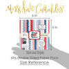 Stars and Stripes 6x6 Double-Sided Paper Pack, size guide shown in hand for scale, showing 6x6 scrapbook paper for handmade cards, mini albums, junk journals, paper layering, small-scale layouts, and coordinated paper crafts. Buyer theme: 6x6 Patriotic Paper for Cards & Mini Albums. Stars and Stripes 6x6 double-sided scrapbook paper with scaled fireworks, stars, flowers, berries, gingham, dots and striped patterns
