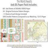 The World Awaits 6x6 Double-Sided Paper Pack, 6x6 paper pack cover and includes preview, showing 6x6 scrapbook paper for handmade cards, mini albums, junk journals, paper layering, small-scale layouts, and coordinated paper crafts. Buyer theme: Travel 6x6 Scrapbook Paper for Card Making. 6x6 travel paper pack with reduced-scale tropical florals, maps, palm leaves, road trip icons and vacation patterns. Visible artwork includes passport, camera, globe, map