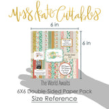The World Awaits 6x6 Double-Sided Paper Pack, size guide shown in hand for scale, showing 6x6 scrapbook paper for handmade cards, mini albums, junk journals, paper layering, small-scale layouts, and coordinated paper crafts. Buyer theme: Travel 6x6 Scrapbook Paper for Card Making. 6x6 travel paper pack with reduced-scale tropical florals, maps, palm leaves, road trip icons and vacation patterns. Visible artwork includes monstera leaves, palm fronds, airplane, passport