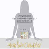 The World Awaits 6x6 Double-Sided Paper Pack, standing size guide image, showing 6x6 scrapbook paper for handmade cards, mini albums, junk journals, paper layering, small-scale layouts, and coordinated paper crafts. Buyer theme: Travel 6x6 Scrapbook Paper for Card Making. 6x6 travel paper pack with reduced-scale tropical florals, maps, palm leaves, road trip icons and vacation patterns. Visible artwork includes palm fronds, airplane, passport, camera
