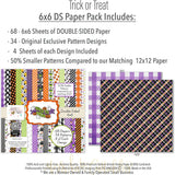 Trick or Treat Bundle, 6x6 paper pack cover and includes preview, showing complete coordinated paper craft set with 12x12 papers, 6x6 papers, cardstock, die cuts, and stickers for layouts, cards, albums, journals, and keepsakes. Buyer theme: Complete Cute Halloween Scrapbook Bundle. Trick or Treat complete scrapbook bundle with 12x12 paper, 6x6 paper, coordinating cardstock, stickers and die cuts