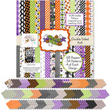 Trick or Treat 6x6 Double-Sided Paper Pack, 6x6 cover and paper spread out image, showing 6x6 scrapbook paper for handmade cards, mini albums, junk journals, paper layering, small-scale layouts, and coordinated paper crafts. Buyer theme: Cute Halloween 6x6 Paper Pack. Trick or Treat 6x6 double-sided scrapbook paper with scaled cute Halloween patterns for cards, mini albums and journals