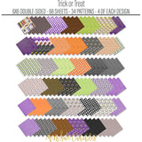 Trick or Treat Bundle, papers spread out image, showing complete coordinated paper craft set with 12x12 papers, 6x6 papers, cardstock, die cuts, and stickers for layouts, cards, albums, journals, and keepsakes. Buyer theme: Complete Cute Halloween Scrapbook Bundle. Trick or Treat complete scrapbook bundle with 12x12 paper, 6x6 paper, coordinating cardstock, stickers and die cuts