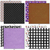 Trick or Treat Bundle, bundle paper patterns 1 through 8 preview, showing complete coordinated paper craft set with 12x12 papers, 6x6 papers, cardstock, die cuts, and stickers for layouts, cards, albums, journals, and keepsakes. Buyer theme: Complete Cute Halloween Scrapbook Bundle. Trick or Treat complete scrapbook bundle with 12x12 paper, 6x6 paper, coordinating cardstock, stickers and die cuts