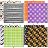 Trick or Treat Bundle, bundle paper patterns 9 through 16 preview, showing complete coordinated paper craft set with 12x12 papers, 6x6 papers, cardstock, die cuts, and stickers for layouts, cards, albums, journals, and keepsakes. Buyer theme: Complete Cute Halloween Scrapbook Bundle. Trick or Treat complete scrapbook bundle with 12x12 paper, 6x6 paper, coordinating cardstock, stickers and die cuts