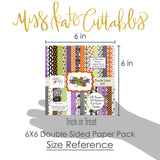 Trick or Treat Bundle, size guide shown in hand for scale, showing complete coordinated paper craft set with 12x12 papers, 6x6 papers, cardstock, die cuts, and stickers for layouts, cards, albums, journals, and keepsakes. Buyer theme: Complete Cute Halloween Scrapbook Bundle. Trick or Treat complete scrapbook bundle with 12x12 paper, 6x6 paper, coordinating cardstock, stickers and die cuts