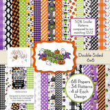 Trick or Treat Bundle, high resolution cover image, showing complete coordinated paper craft set with 12x12 papers, 6x6 papers, cardstock, die cuts, and stickers for layouts, cards, albums, journals, and keepsakes. Buyer theme: Complete Cute Halloween Scrapbook Bundle. Trick or Treat complete scrapbook bundle with 12x12 paper, 6x6 paper, coordinating cardstock, stickers and die cuts