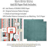Warm Winter Wishes 6x6 Double-Sided Paper Pack, 6x6 paper pack cover and includes preview, showing 6x6 scrapbook paper for handmade cards, mini albums, junk journals, paper layering, small-scale layouts, and coordinated paper crafts. Buyer theme: Winter 6x6 Paper for Cards & Mini Albums. Warm Winter Wishes 6x6 Double-Sided Paper Pack with scaled winter plaids, snowflakes, trees, berries, cabins, snowmen and cozy cold-weather patterns