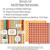 Welcome Fall Bundle, 6x6 paper pack cover and includes preview, showing complete coordinated paper craft set with 12x12 papers, 6x6 papers, cardstock, die cuts, and stickers for layouts, cards, albums, journals, and keepsakes. Buyer theme: Complete Fall Scrapbook Bundle. Welcome Fall complete scrapbook bundle with 12x12 paper, 6x6 paper, coordinating cardstock, stickers and die cuts