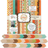 Welcome Fall Bundle, 6x6 cover and paper spread out image, showing complete coordinated paper craft set with 12x12 papers, 6x6 papers, cardstock, die cuts, and stickers for layouts, cards, albums, journals, and keepsakes. Buyer theme: Complete Fall Scrapbook Bundle. Welcome Fall complete scrapbook bundle with 12x12 paper, 6x6 paper, coordinating cardstock, stickers and die cuts