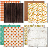 Welcome Fall Bundle, bundle paper patterns 1 through 8 preview, showing complete coordinated paper craft set with 12x12 papers, 6x6 papers, cardstock, die cuts, and stickers for layouts, cards, albums, journals, and keepsakes. Buyer theme: Complete Fall Scrapbook Bundle. Welcome Fall complete scrapbook bundle with 12x12 paper, 6x6 paper, coordinating cardstock, stickers and die cuts