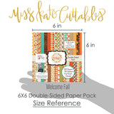 Welcome Fall Bundle, size guide shown in hand for scale, showing complete coordinated paper craft set with 12x12 papers, 6x6 papers, cardstock, die cuts, and stickers for layouts, cards, albums, journals, and keepsakes. Buyer theme: Complete Fall Scrapbook Bundle. Welcome Fall complete scrapbook bundle with 12x12 paper, 6x6 paper, coordinating cardstock, stickers and die cuts. Scrapbook paper bundle, card making supplies, junk journal materials, mini album paper, and coordinated craft supplies