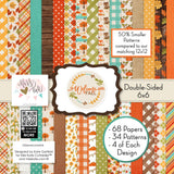 Welcome Fall Bundle, high resolution cover image, showing complete coordinated paper craft set with 12x12 papers, 6x6 papers, cardstock, die cuts, and stickers for layouts, cards, albums, journals, and keepsakes. Buyer theme: Complete Fall Scrapbook Bundle. Welcome Fall complete scrapbook bundle with 12x12 paper, 6x6 paper, coordinating cardstock, stickers and die cuts. Scrapbook paper bundle, card making supplies, junk journal materials, mini album paper, and coordinated craft supplies