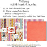 Wildflowers 6x6 Double-Sided Paper Pack, 6x6 paper pack cover and includes preview, showing 6x6 scrapbook paper for handmade cards, mini albums, junk journals, paper layering, small-scale layouts, and coordinated paper crafts. Buyer theme: Floral 6x6 Scrapbook Paper for Cards & Mini Albums. Wildflowers 6x6 Double-Sided Paper Pack with scaled gingham, polka dots, berries, strawberries, meadow flowers, birds and botanical patterns for cards and mini albums