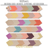Wildflowers 6x6 Double-Sided Paper Pack, papers spread out image, showing 6x6 scrapbook paper for handmade cards, mini albums, junk journals, paper layering, small-scale layouts, and coordinated paper crafts. Buyer theme: Floral 6x6 Scrapbook Paper for Cards & Mini Albums. Wildflowers 6x6 Double-Sided Paper Pack with scaled gingham, polka dots, berries, strawberries, meadow flowers, birds and botanical patterns for cards and mini albums. Designed for Card making, Mini albums, Junk journals