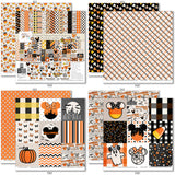 A Magical Halloween Paper & Sticker Kit, 12x12 paper designs cover to 6 preview, showing 12x12 scrapbook paper and coordinating stickers for scrapbook layouts, photo albums, memory keeping, cards, and paper crafts. Buyer theme: Halloween 12x12 Scrapbook Paper & Sticker Kit. 12x12 A Magical Halloween Paper & Sticker Kit with 39 Halloween paper designs, element cards and coordinating pumpkins, ghosts, candy corn, mouse-ear motifs and castle stickers