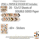 A Magical Halloween Paper & Sticker Kit, includes image, showing 12x12 scrapbook paper and coordinating stickers for scrapbook layouts, photo albums, memory keeping, cards, and paper crafts. Buyer theme: Halloween 12x12 Scrapbook Paper & Sticker Kit. 12x12 A Magical Halloween Paper & Sticker Kit with 39 Halloween paper designs, element cards and coordinating pumpkins, ghosts, candy corn, mouse-ear motifs and castle stickers