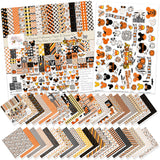 A Magical Halloween Paper & Sticker Kit, main product image, showing 12x12 scrapbook paper and coordinating stickers for scrapbook layouts, photo albums, memory keeping, cards, and paper crafts. Buyer theme: Halloween 12x12 Scrapbook Paper & Sticker Kit. 12x12 A Magical Halloween Paper & Sticker Kit with 39 Halloween paper designs, element cards and coordinating pumpkins, ghosts, candy corn, mouse-ear motifs and castle stickers