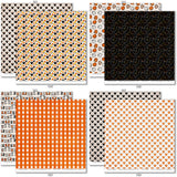 A Magical Halloween Paper & Sticker Kit, paper & sticker kit paper patterns 15 through 22 preview, showing 12x12 scrapbook paper and coordinating stickers for scrapbook layouts, photo albums, memory keeping, cards, and paper crafts. Buyer theme: Halloween 12x12 Scrapbook Paper & Sticker Kit. 12x12 A Magical Halloween Paper & Sticker Kit with 39 Halloween paper designs, element cards and coordinating pumpkins, ghosts, candy corn, mouse-ear motifs and castle stickers