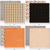 A Magical Halloween Paper & Sticker Kit, paper & sticker kit paper patterns 15 through 22 preview, showing 12x12 scrapbook paper and coordinating stickers for scrapbook layouts, photo albums, memory keeping, cards, and paper crafts. Buyer theme: Halloween 12x12 Scrapbook Paper & Sticker Kit. 12x12 A Magical Halloween Paper & Sticker Kit with 39 Halloween paper designs, element cards and coordinating pumpkins, ghosts, candy corn, mouse-ear motifs and castle stickers