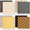 A Magical Halloween Paper & Sticker Kit, paper & sticker kit paper patterns 23 through 30 preview, showing 12x12 scrapbook paper and coordinating stickers for scrapbook layouts, photo albums, memory keeping, cards, and paper crafts. Buyer theme: Halloween 12x12 Scrapbook Paper & Sticker Kit. 12x12 A Magical Halloween Paper & Sticker Kit with 39 Halloween paper designs, element cards and coordinating pumpkins, ghosts, candy corn, mouse-ear motifs and castle stickers