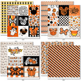 A Magical Halloween Paper & Sticker Kit, paper & sticker kit paper patterns 7 through 14 preview, showing 12x12 scrapbook paper and coordinating stickers for scrapbook layouts, photo albums, memory keeping, cards, and paper crafts. Buyer theme: Halloween 12x12 Scrapbook Paper & Sticker Kit. 12x12 A Magical Halloween Paper & Sticker Kit with 39 Halloween paper designs, element cards and coordinating pumpkins, ghosts, candy corn, mouse-ear motifs and castle stickers