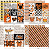 A Magical Halloween Paper & Sticker Kit, paper & sticker kit paper patterns 7 through 14 preview, showing 12x12 scrapbook paper and coordinating stickers for scrapbook layouts, photo albums, memory keeping, cards, and paper crafts. Buyer theme: Halloween 12x12 Scrapbook Paper & Sticker Kit. 12x12 A Magical Halloween Paper & Sticker Kit with 39 Halloween paper designs, element cards and coordinating pumpkins, ghosts, candy corn, mouse-ear motifs and castle stickers