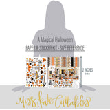A Magical Halloween Paper & Sticker Kit, size guide image, showing 12x12 scrapbook paper and coordinating stickers for scrapbook layouts, photo albums, memory keeping, cards, and paper crafts. Buyer theme: Halloween 12x12 Scrapbook Paper & Sticker Kit. 12x12 A Magical Halloween Paper & Sticker Kit with 39 Halloween paper designs, element cards and coordinating pumpkins, ghosts, candy corn, mouse-ear motifs and castle stickers