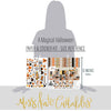 A Magical Halloween Paper & Sticker Kit, size guide image, showing 12x12 scrapbook paper and coordinating stickers for scrapbook layouts, photo albums, memory keeping, cards, and paper crafts. Buyer theme: Halloween 12x12 Scrapbook Paper & Sticker Kit. 12x12 A Magical Halloween Paper & Sticker Kit with 39 Halloween paper designs, element cards and coordinating pumpkins, ghosts, candy corn, mouse-ear motifs and castle stickers