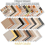A Magical Halloween Paper & Sticker Kit, paper and sticker kit spread out image, showing 12x12 scrapbook paper and coordinating stickers for scrapbook layouts, photo albums, memory keeping, cards, and paper crafts. Buyer theme: Halloween 12x12 Scrapbook Paper & Sticker Kit. 12x12 A Magical Halloween Paper & Sticker Kit with 39 Halloween paper designs, element cards and coordinating pumpkins, ghosts, candy corn, mouse-ear motifs and castle stickers