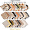 A Magical Halloween Paper & Sticker Kit, paper and sticker kit spread out image, showing 12x12 scrapbook paper and coordinating stickers for scrapbook layouts, photo albums, memory keeping, cards, and paper crafts. Buyer theme: Halloween 12x12 Scrapbook Paper & Sticker Kit. 12x12 A Magical Halloween Paper & Sticker Kit with 39 Halloween paper designs, element cards and coordinating pumpkins, ghosts, candy corn, mouse-ear motifs and castle stickers