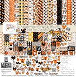 A Magical Halloween Paper & Sticker Kit, high resolution cover image, showing 12x12 scrapbook paper and coordinating stickers for scrapbook layouts, photo albums, memory keeping, cards, and paper crafts. Buyer theme: Halloween 12x12 Scrapbook Paper & Sticker Kit. 12x12 A Magical Halloween Paper & Sticker Kit with 39 Halloween paper designs, element cards and coordinating pumpkins, ghosts, candy corn, mouse-ear motifs and castle stickers