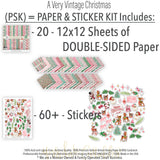 A Very Vintage Christmas Paper & Sticker Kit, includes image, showing 12x12 scrapbook paper and coordinating stickers for scrapbook layouts, photo albums, memory keeping, cards, and paper crafts. Buyer theme: Vintage Christmas 12x12 Scrapbook Paper & Sticker Kit. 12x12 A Very Vintage Christmas Paper & Sticker Kit with 33 vintage Christmas paper designs and a coordinating retro holiday sticker sheet
