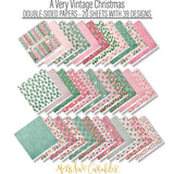 A Very Vintage Christmas Paper & Sticker Kit, paper and sticker kit spread out image, showing 12x12 scrapbook paper and coordinating stickers for scrapbook layouts, photo albums, memory keeping, cards, and paper crafts. Buyer theme: Vintage Christmas 12x12 Scrapbook Paper & Sticker Kit. 12x12 A Very Vintage Christmas Paper & Sticker Kit with 33 vintage Christmas paper designs and a coordinating retro holiday sticker sheet