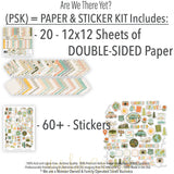 Are We There Yet? Paper & Sticker Kit, includes image, showing 12x12 scrapbook paper and coordinating stickers for family history layouts, genealogy albums, heritage pages, and meaningful memory keeping. Buyer theme: Road Trip Travel Scrapbook Paper & Sticker Kit. 12x12 paper and sticker kit with retro travel patterns, journaling cards, and more than 60 coordinating travel stickers. Visible artwork includes travel cameras, globes and maps, Route 66 road signs, mountains and pine trees