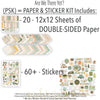 Are We There Yet? Paper & Sticker Kit, includes image, showing 12x12 scrapbook paper and coordinating stickers for family history layouts, genealogy albums, heritage pages, and meaningful memory keeping. Buyer theme: Road Trip Travel Scrapbook Paper & Sticker Kit. 12x12 paper and sticker kit with retro travel patterns, journaling cards, and more than 60 coordinating travel stickers. Visible artwork includes travel cameras, globes and maps, Route 66 road signs, mountains and pine trees