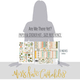 Are We There Yet? Paper & Sticker Kit, size guide image, showing 12x12 scrapbook paper and coordinating stickers for family history layouts, genealogy albums, heritage pages, and meaningful memory keeping. Buyer theme: Road Trip Travel Scrapbook Paper & Sticker Kit. 12x12 paper and sticker kit with retro travel patterns, journaling cards, and more than 60 coordinating travel stickers. Coordinating patterns include checkerboard, pin dots, diagonal stripes