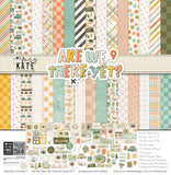 Are We There Yet? Paper & Sticker Kit, high resolution cover image, showing 12x12 scrapbook paper and coordinating stickers for family history layouts, genealogy albums, heritage pages, and meaningful memory keeping. Buyer theme: Road Trip Travel Scrapbook Paper & Sticker Kit. 12x12 paper and sticker kit with retro travel patterns, journaling cards, and more than 60 coordinating travel stickers. Visible artwork includes vintage airplanes, travel cameras, globes and maps, Route 66 road signs