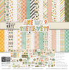 Are We There Yet? Paper & Sticker Kit, high resolution cover image, showing 12x12 scrapbook paper and coordinating stickers for family history layouts, genealogy albums, heritage pages, and meaningful memory keeping. Buyer theme: Road Trip Travel Scrapbook Paper & Sticker Kit. 12x12 paper and sticker kit with retro travel patterns, journaling cards, and more than 60 coordinating travel stickers. Visible artwork includes vintage airplanes, travel cameras, globes and maps, Route 66 road signs