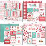 Be My Valentine Paper & Sticker Kit, 12x12 paper designs cover to 6 preview, showing 12x12 scrapbook paper and coordinating stickers for scrapbook layouts, photo albums, memory keeping, cards, and paper crafts. Buyer theme: Valentine's Day Scrapbook Paper & Sticker Kit. Be My Valentine Paper & Sticker Kit with hearts, mailboxes, envelopes, balloons, teddy bears, bees, floral bouquets, gifts, candy jars, gumball machines and red, pink, aqua and teal Valentine patterns