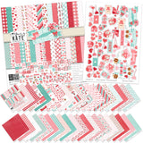 Be My Valentine Paper & Sticker Kit, main product image, showing 12x12 scrapbook paper and coordinating stickers for scrapbook layouts, photo albums, memory keeping, cards, and paper crafts. Buyer theme: Valentine's Day Scrapbook Paper & Sticker Kit. Be My Valentine Paper & Sticker Kit with hearts, mailboxes, envelopes, balloons, teddy bears, bees, floral bouquets, gifts, candy jars, gumball machines and red, pink, aqua and teal Valentine patterns