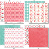 Be My Valentine Paper & Sticker Kit, paper & sticker kit paper patterns 23 through 30 preview, showing 12x12 scrapbook paper and coordinating stickers for scrapbook layouts, photo albums, memory keeping, cards, and paper crafts. Buyer theme: Valentine's Day Scrapbook Paper & Sticker Kit. Be My Valentine Paper & Sticker Kit with hearts, mailboxes, envelopes, balloons, teddy bears, bees, floral bouquets, gifts, candy jars, gumball machines and red, pink, aqua and teal Valentine patterns