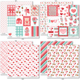 Be My Valentine Paper & Sticker Kit, paper & sticker kit paper patterns 7 through 14 preview, showing 12x12 scrapbook paper and coordinating stickers for scrapbook layouts, photo albums, memory keeping, cards, and paper crafts. Buyer theme: Valentine's Day Scrapbook Paper & Sticker Kit. Be My Valentine Paper & Sticker Kit with hearts, mailboxes, envelopes, balloons, teddy bears, bees, floral bouquets, gifts, candy jars, gumball machines and red, pink, aqua and teal Valentine patterns
