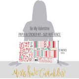 Be My Valentine Paper & Sticker Kit, size guide image, showing 12x12 scrapbook paper and coordinating stickers for scrapbook layouts, photo albums, memory keeping, cards, and paper crafts. Buyer theme: Valentine's Day Scrapbook Paper & Sticker Kit. Be My Valentine Paper & Sticker Kit with hearts, mailboxes, envelopes, balloons, teddy bears, bees, floral bouquets, gifts, candy jars, gumball machines and red, pink, aqua and teal Valentine patterns