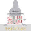 Be My Valentine Paper & Sticker Kit, size guide image, showing 12x12 scrapbook paper and coordinating stickers for scrapbook layouts, photo albums, memory keeping, cards, and paper crafts. Buyer theme: Valentine's Day Scrapbook Paper & Sticker Kit. Be My Valentine Paper & Sticker Kit with hearts, mailboxes, envelopes, balloons, teddy bears, bees, floral bouquets, gifts, candy jars, gumball machines and red, pink, aqua and teal Valentine patterns