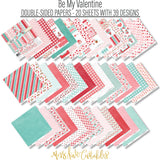 Be My Valentine Paper & Sticker Kit, paper and sticker kit spread out image, showing 12x12 scrapbook paper and coordinating stickers for scrapbook layouts, photo albums, memory keeping, cards, and paper crafts. Buyer theme: Valentine's Day Scrapbook Paper & Sticker Kit. Be My Valentine Paper & Sticker Kit with hearts, mailboxes, envelopes, balloons, teddy bears, bees, floral bouquets, gifts, candy jars, gumball machines and red, pink, aqua and teal Valentine patterns