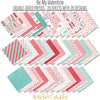 Be My Valentine Paper & Sticker Kit, paper and sticker kit spread out image, showing 12x12 scrapbook paper and coordinating stickers for scrapbook layouts, photo albums, memory keeping, cards, and paper crafts. Buyer theme: Valentine's Day Scrapbook Paper & Sticker Kit. Be My Valentine Paper & Sticker Kit with hearts, mailboxes, envelopes, balloons, teddy bears, bees, floral bouquets, gifts, candy jars, gumball machines and red, pink, aqua and teal Valentine patterns