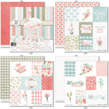 Best Wishes Paper & Sticker Kit, 12x12 paper designs cover to 6 preview, showing 12x12 scrapbook paper and coordinating stickers for scrapbook layouts, photo albums, memory keeping, cards, and paper crafts. Buyer theme: Friendship & Celebration Scrapbook Paper & Sticker Kit. 12x12 floral paper and sticker kit. Visible artwork includes ribbon bows, wildflowers, leafy sprigs, floral banners. Coordinating patterns include plaid, polka dots, floral toss
